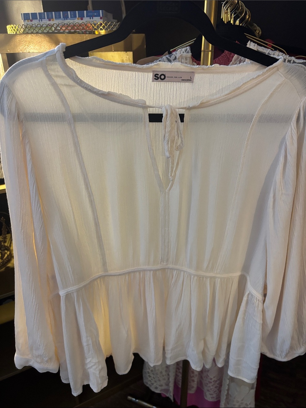 SO White Tie-Neck Peasant Blouse